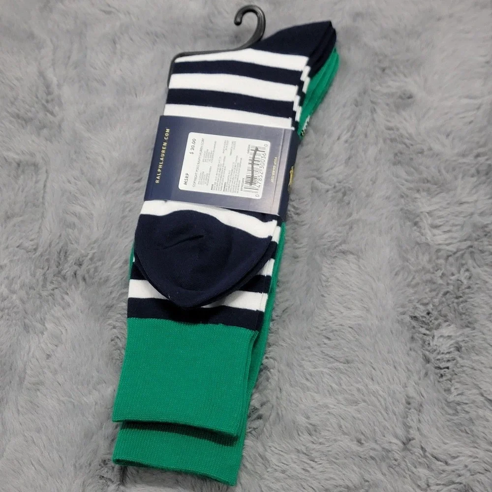 Polo Ralph Lauren Socks Mens 10-13 Green Stripe New England Lighthouse 2 Pack